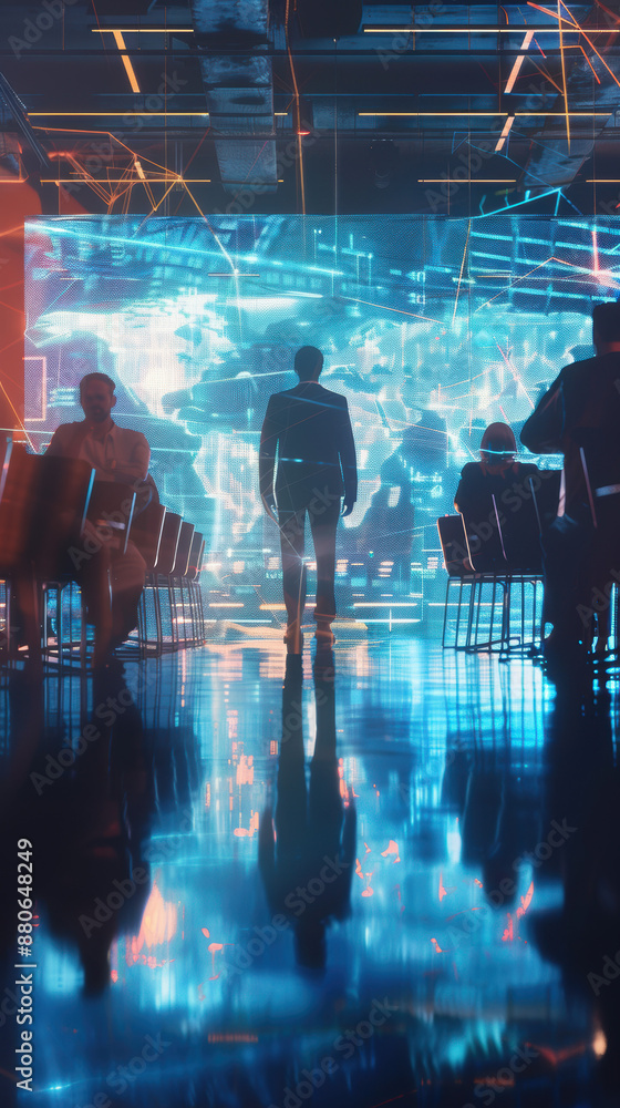 Poster a man stands in front of a large screen with a group of people in the background