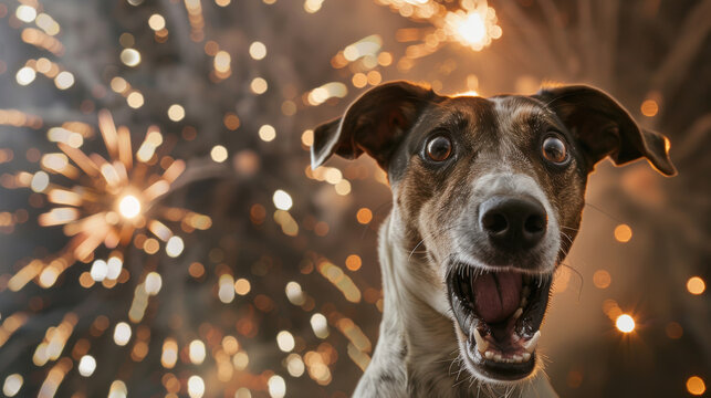 A dog is staring at the camera with its mouth open, surrounded by fireworks