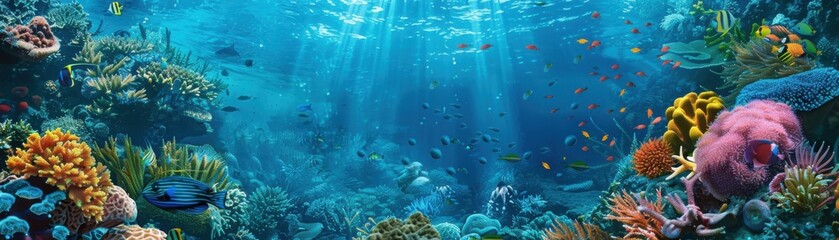 Naklejka premium Enchanting Underwater Fantasy: Vibrant Coral Reefs and Exotic Fish in Aquatic Paradise