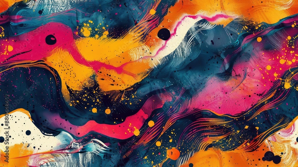 Poster Create a seamless pattern with bright neon colors and a fluid, abstract design. The pattern should be suitable for use as a textile print or digital background.