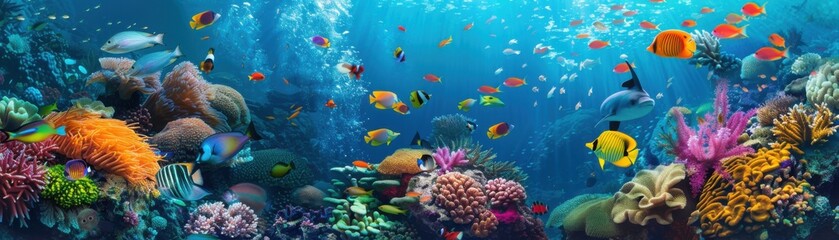 Naklejka premium Tranquil Underwater Oasis: Vibrant Coral Reefs and Tropical Fish in Aquatic Paradise