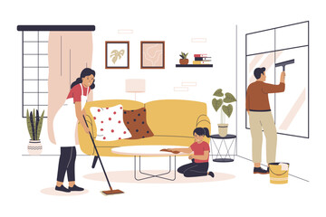 Flat design of family cleaning house together. Illustrations for websites, landing pages, mobile applications, posters and banners. Trendy flat vector illustration