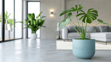 Fototapeta premium A large blue plant sits in a pot on a tile floor in a living room