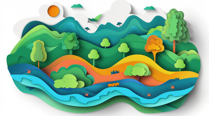 A paper cutout of a forest with a river running through it