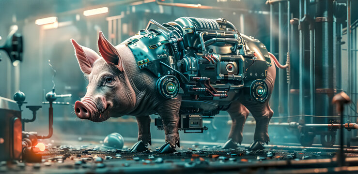 Genetically modified pig walking in futuristic laboratory