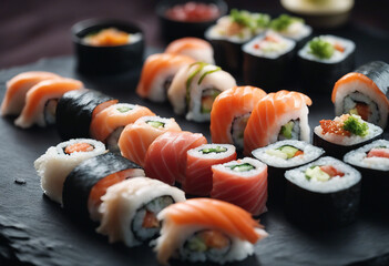 assorted sushi rolls on a sleek black slate
