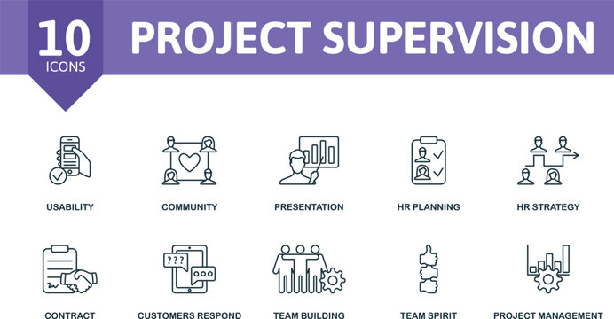 Project Supervision thin line icon set. Usability, Community, Presentation, Hr Planning, Hr Strategy, Contract, Customers Respond, Team Building, Team Spirit, Project Management icons.