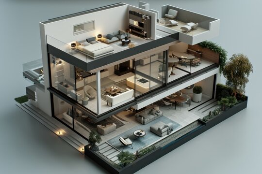 model of a modern 2-level flat interior side cut, top view, all furniture, modern design style
