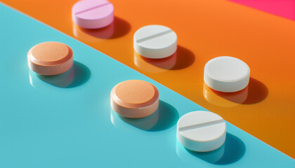 Plain white, pink, orange circle pills on a bright colored background.