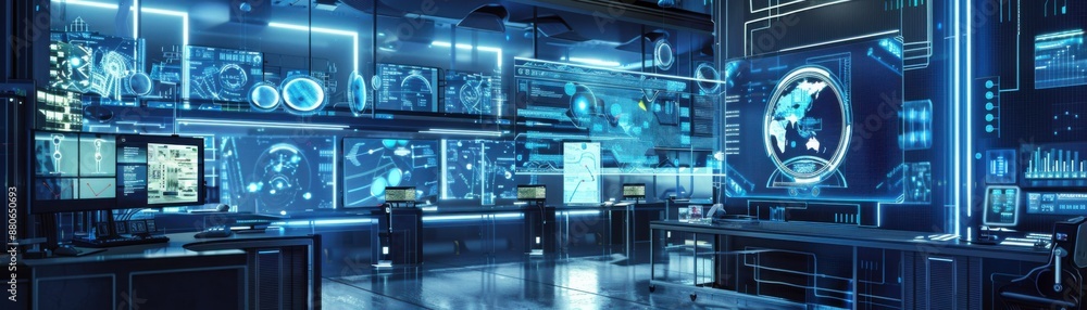 Poster innovative futuristic laboratory with dynamic holographic interfaces and advanced technologies