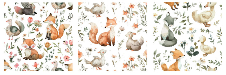 A watercolor pattern with foxes, bears, koalas, and alpacas with flowers