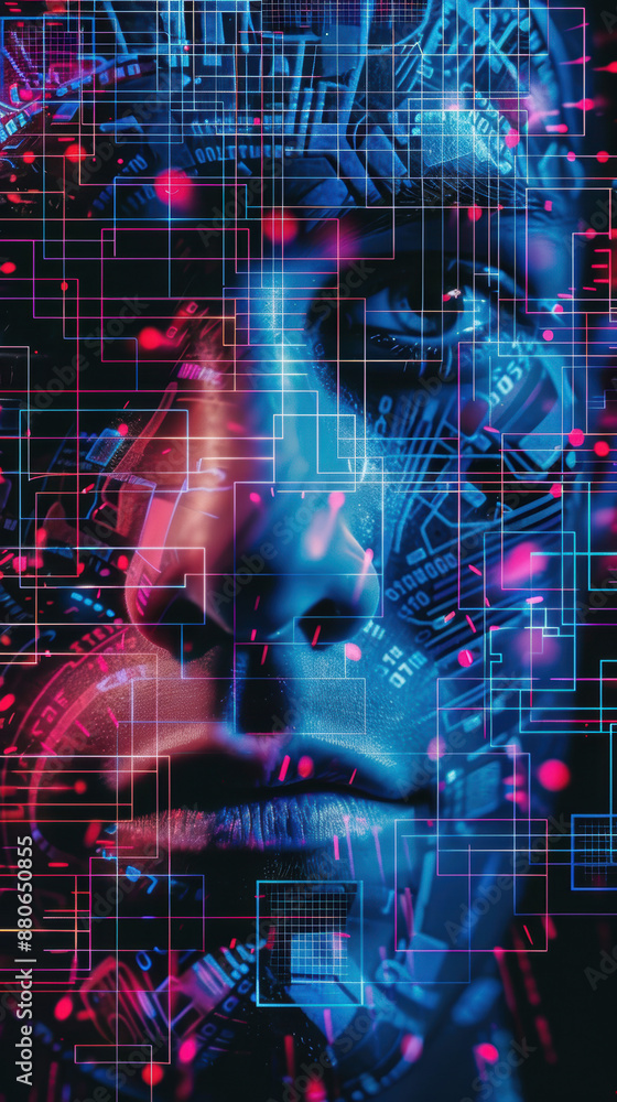 Poster a face made of computer code with a blue background