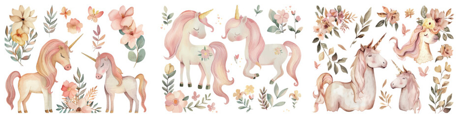 Watercolor illustration of a unicorn with pink florals for baby girls.
