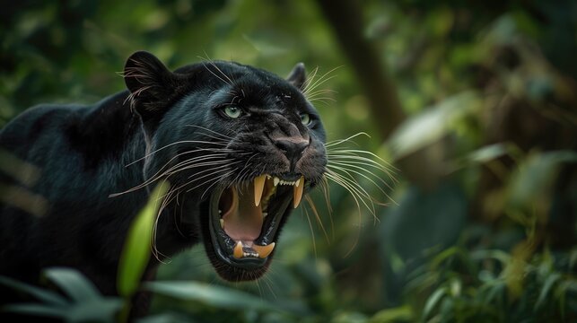 Portrait of a black panther with bared teeth against a wild background