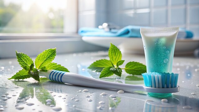 A clean white bathroom counter features a tube of fresh minty toothpaste and a blue toothbrush with soft bristles, surrounded by water droplets and morning light.