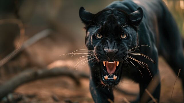 Portrait of a black panther with bared teeth against a wild background