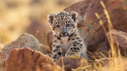 Fototapeta premium Snow leopard cub in the wild on the snow. Wildlife concept 