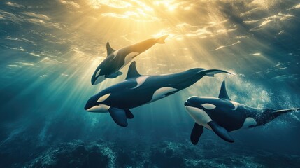 A family of orca whales swim underwater in beautiful sunlight. Wild underwater world concept