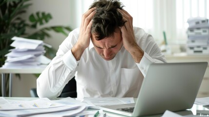 Stress, burnout, and deadline concept. Frustrated and tired businessman with mental health overworked, looking depressed after a bad business meeting or financial plan go down the hill.