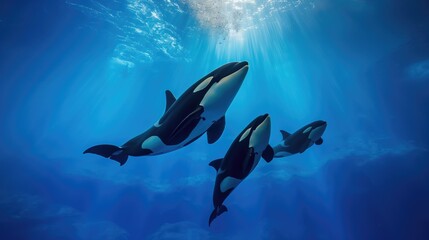 Naklejka premium A family of orca whales swim underwater in beautiful sunlight. Wild underwater world concept