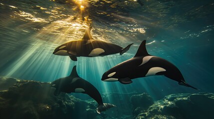 Obraz premium A family of orca whales swim underwater in beautiful sunlight. Wild underwater world concept