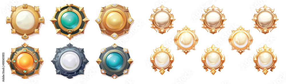 Poster fantasy avatar frame with ui rank border badge icon. gold round level achievement ring set with ston
