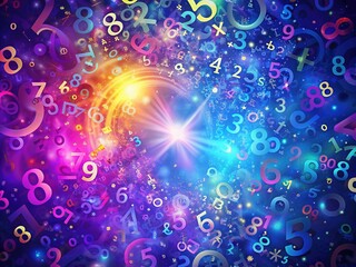 Colorful abstract background featuring random scattered numerical digits in various fonts and sizes against a gradient blue and purple mesmerizing swirl pattern.