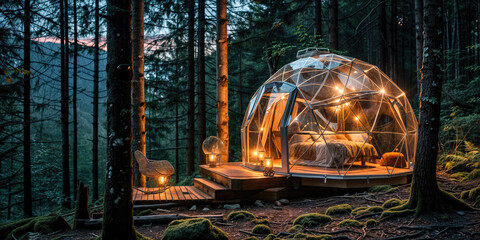 Geodesic dome illuminated at twilight offering breathtaking views of forest