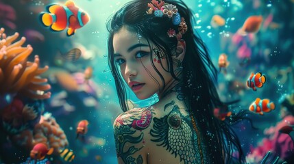Underwater Sea Creatures and Beautiful Girl