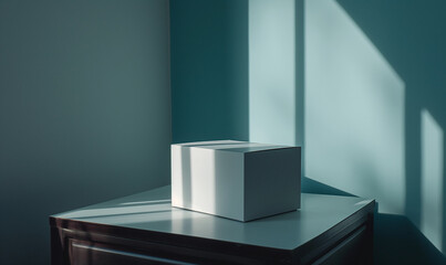 Fototapeta premium A white box sitting on top of a table next to a wall