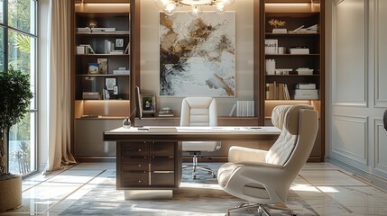 Modern home office. The office is big, airy, and evokes success. Generative AI.