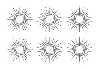 Set of radial circular line illustrations in simple, modern, geometric and abstract design of fireworks, firecrackers, light, rays and beam effect concepts.