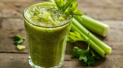 Fototapeta premium A glass of green juice with a stalk of celery on top