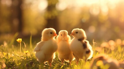 Cute newborn chicks on summer meadow with green grass and flowers in sun rays. The concept of farming