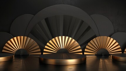 Three-Dimensional Black Gold Background with Abstract Empty Stage and Folded Fans