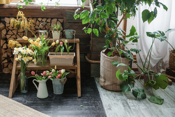 A fragment of the interior with a variety of indoor plants and plaster sculptures. Urban jungle concept. Biophilia design.