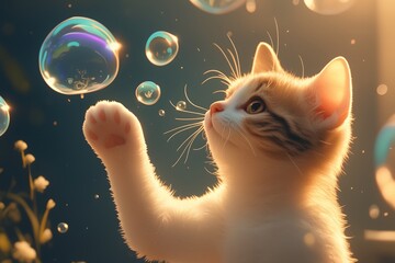Cute cat playing with bubbles in the garden in sunshine 
