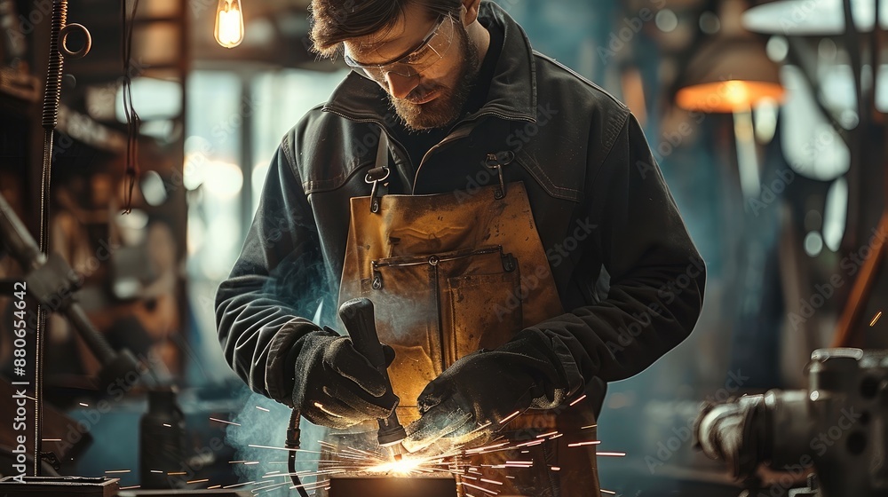 Poster A men while working at a workshop with welding tool. Generative AI.