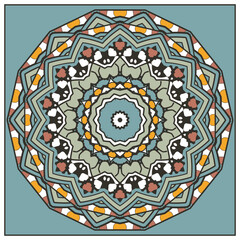 Multicolored mandala in retro palette. Design for bandana, neckerchief, carpet, decorative panel or other. Version 2. Vector illustration