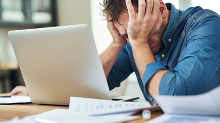 Stress, burnout, and deadline concept. Frustrated and tired businessman with mental health overworked, looking depressed after a bad business meeting or financial plan go down the hill.