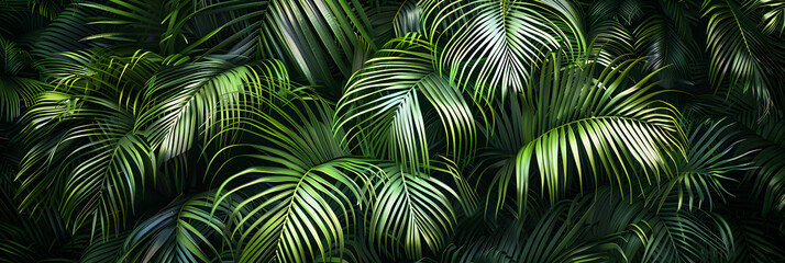 closeup of beautiful palm leaves in a wild tropical palm garden, dark green palm leaf texture concept full framed, wallpaper decoration
