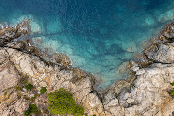 top down view of blue sea and rocks
