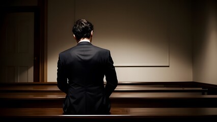 部屋の中でスーツを着た男性がテーブルに座っている背中イラスト