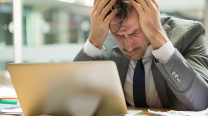 Stress, burnout, and deadline concept. Frustrated and tired businessman with mental health overworked, looking depressed after a bad business meeting or financial plan go down the hill.