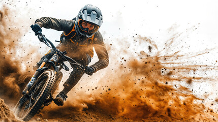 Professional cyclist riding enduro trail bike on dusty terrain