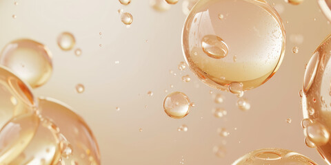 Golden serum bubbles floating on a soft gradient background