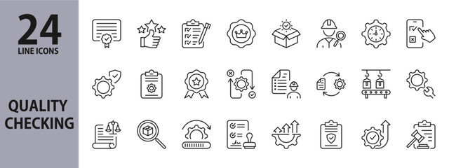 Quality Check line icons set with Patent, Certificate, Control, Inspection, Progress, Award, Setting, Instruction, Selection, Specification, Approve and more. Editable Stroke