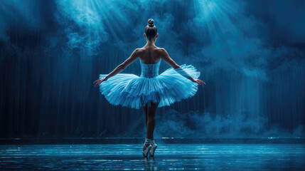 Young graceful ballerina performing on stage with smoke and blue lights