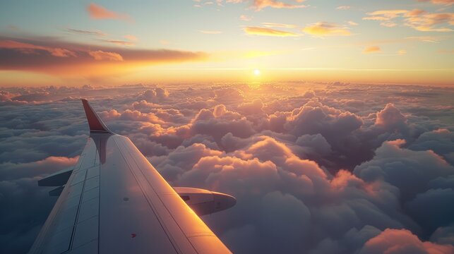 Aerial view from airplane window showing clouds at sunset or sunrise.