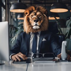 Corporate King": A person with a lion's head wearing a sharp business suit sits confidently at a modern office desk, surrounded by sleek tech gadgets, portraying leadership and authority.